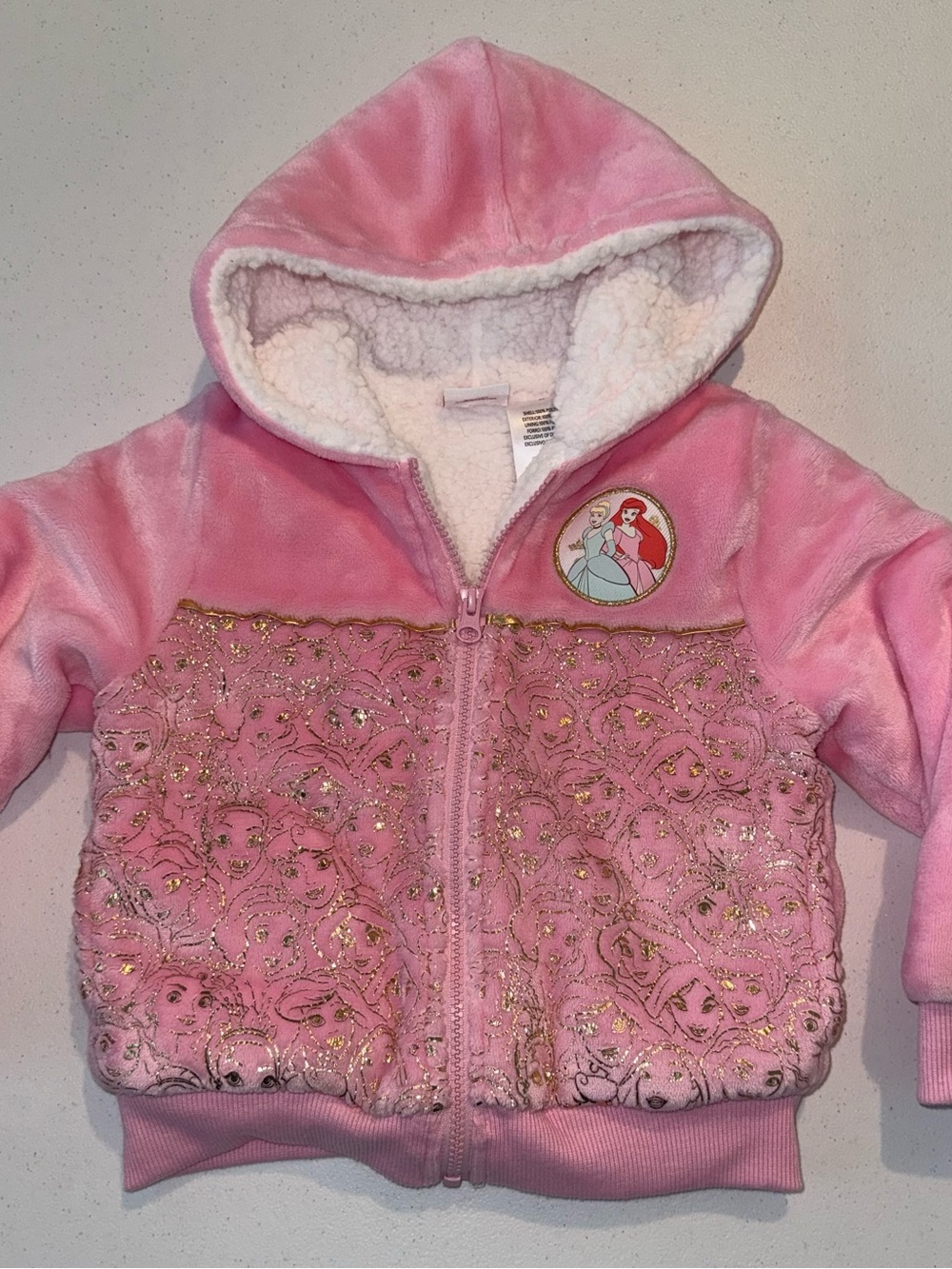 Disney Pink Sherpa-Lined Hooded Puffer Jacket with Princess Patch . NWOT